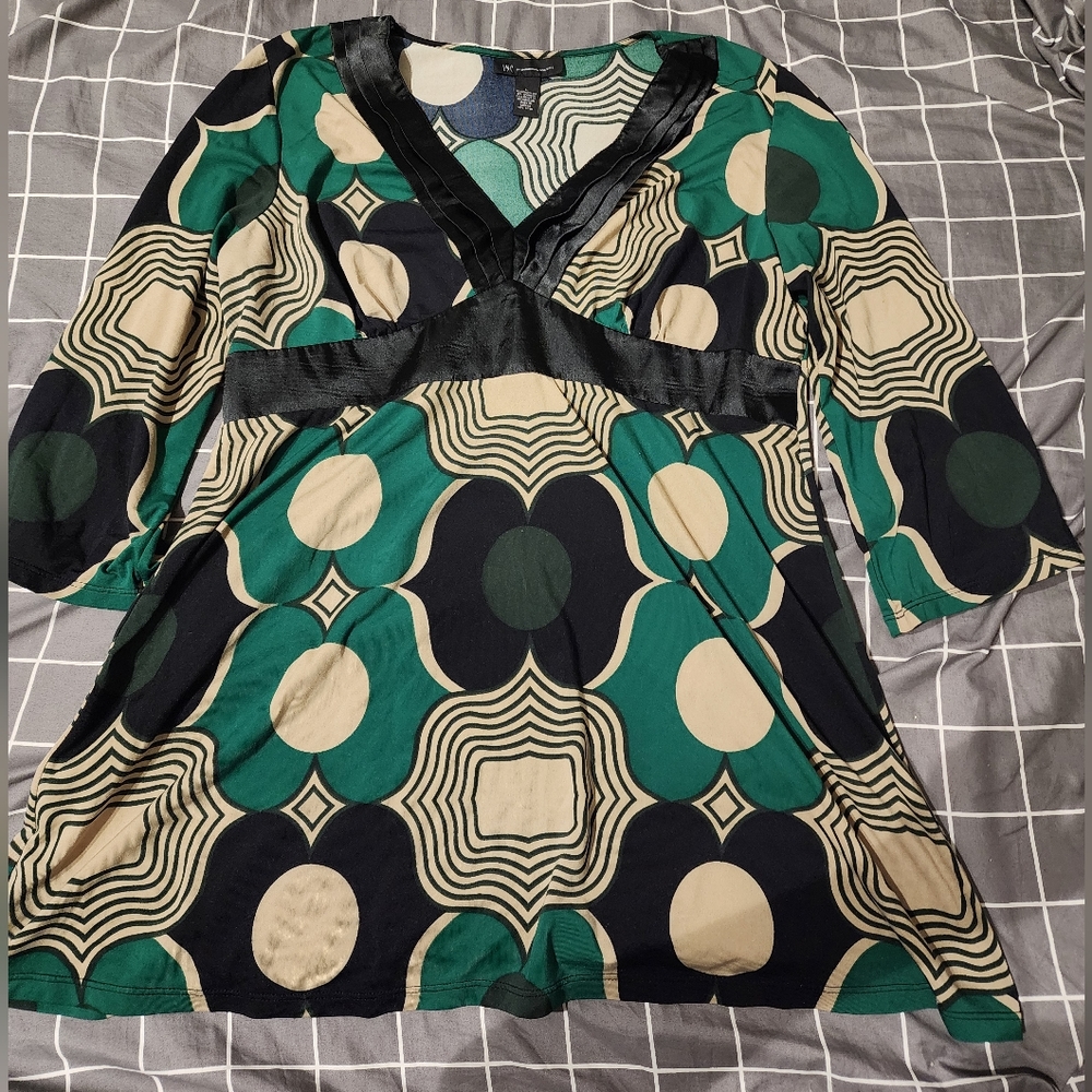 INC Cream, Black and Green Empire Waist Blouse